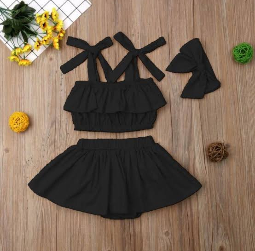 Picture of Kids Baby Girls Outfits Ruffle Off Shoulder Crop Tops + Bow-Knot Cotton Shorts Skirt Set  0-7