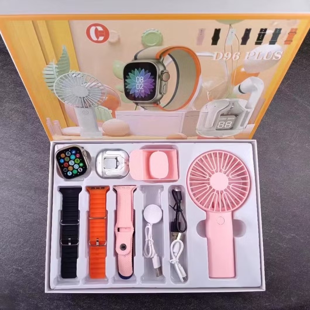 Picture of D96 Plus Smartwatch, Handy Fan and Earbuds Combo Set. Bluetooth Calling Smart Watch with 4 Straps, Best Quality Hand Fan and Earbuds Gift Set