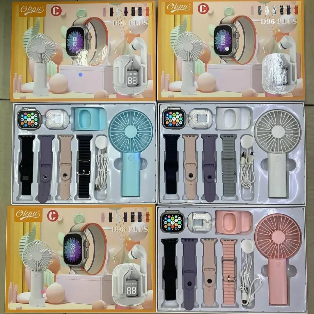 Picture of D96 Plus Smartwatch, Handy Fan and Earbuds Combo Set. Bluetooth Calling Smart Watch with 4 Straps, Best Quality Hand Fan and Earbuds Gift Set
