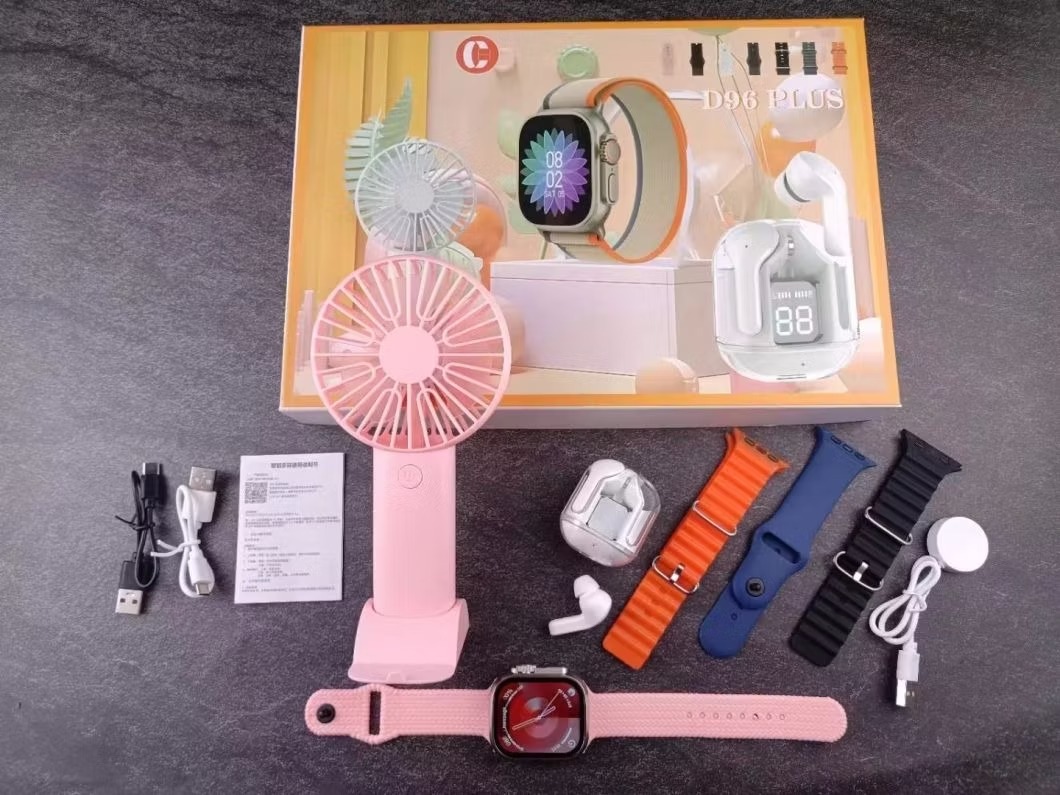 Picture of D96 Plus Smartwatch, Handy Fan and Earbuds Combo Set. Bluetooth Calling Smart Watch with 4 Straps, Best Quality Hand Fan and Earbuds Gift Set