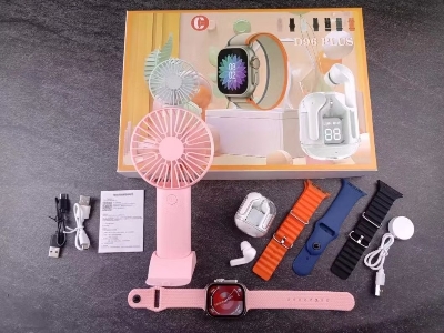 Picture of D96 Plus Smartwatch, Handy Fan and Earbuds Combo Set. Bluetooth Calling Smart Watch with 4 Straps, Best Quality Hand Fan and Earbuds Gift Set