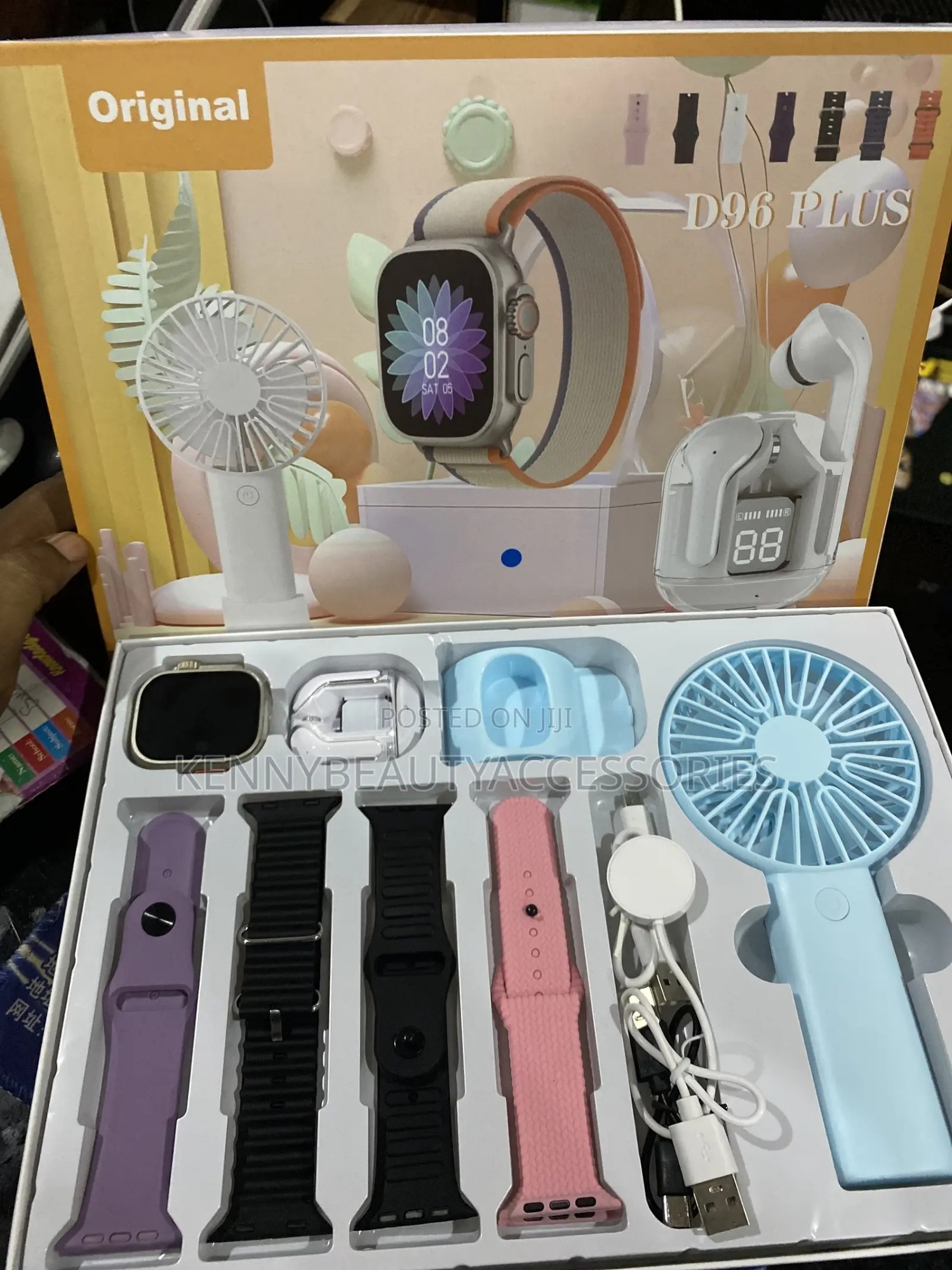 Picture of D96 Plus Smartwatch, Handy Fan and Earbuds Combo Set. Bluetooth Calling Smart Watch with 4 Straps, Best Quality Hand Fan and Earbuds Gift Set