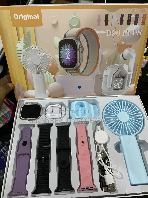 Picture of D96 Plus Smartwatch, Handy Fan and Earbuds Combo Set. Bluetooth Calling Smart Watch with 4 Straps, Best Quality Hand Fan and Earbuds Gift Set