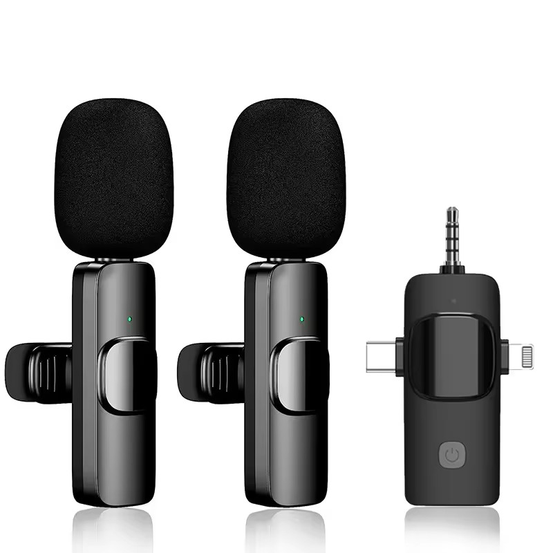 Picture of K15 Wireless Microphone. 3 in 1 Lavalier Collar Microphone for Type C, iPhone, 3.5mm Multi Device Video Broadcast Noise Reduction Mini Lapel Microphones