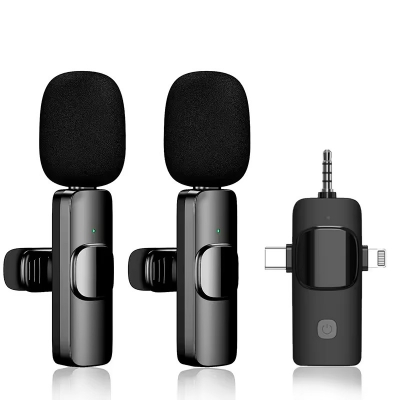 Picture of K15 Wireless Microphone. 3 in 1 Lavalier Collar Microphone for Type C, iPhone, 3.5mm Multi Device Video Broadcast Noise Reduction Mini Lapel Microphones