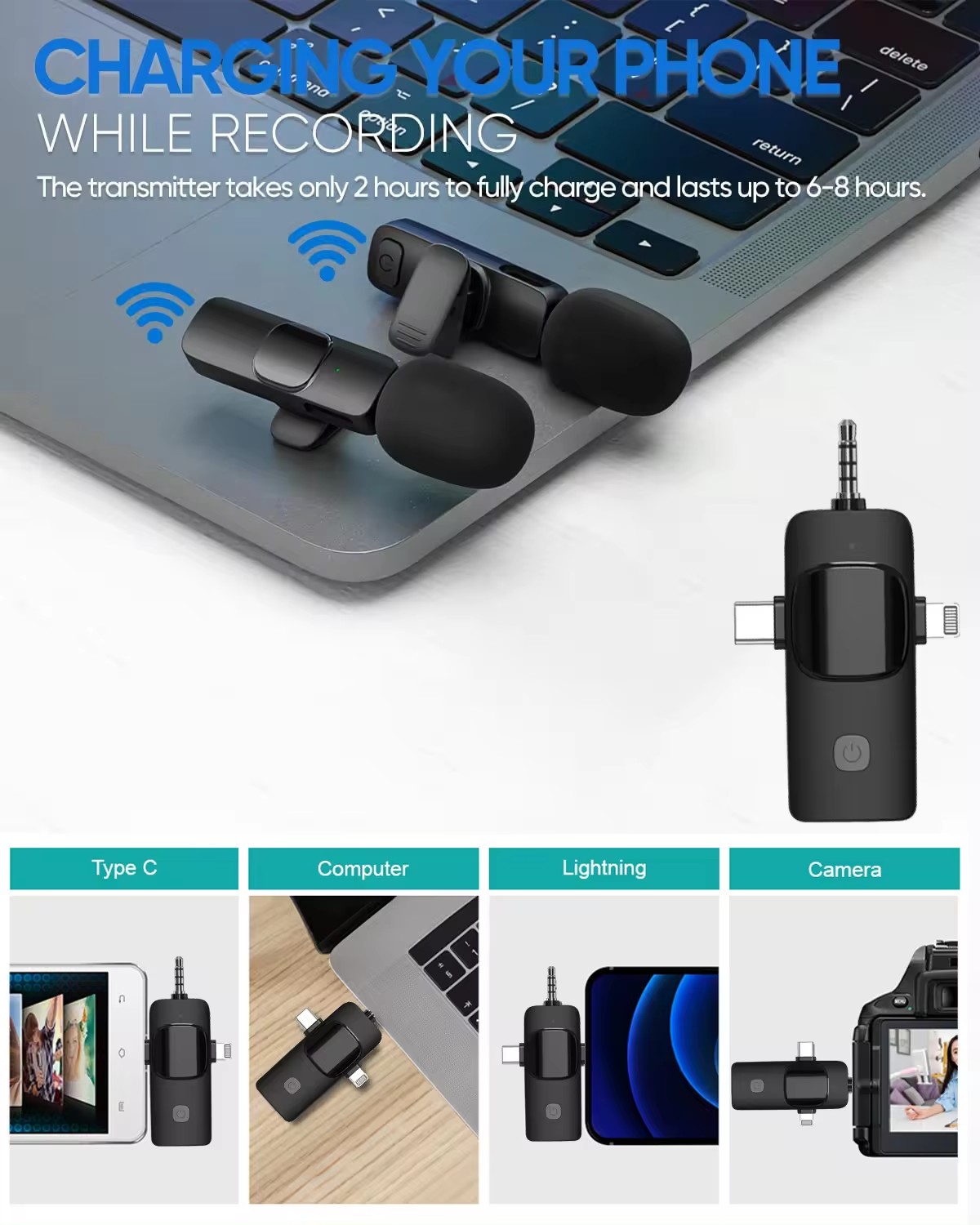 Picture of K15 Wireless Microphone. 3 in 1 Lavalier Collar Microphone for Type C, iPhone, 3.5mm Multi Device Video Broadcast Noise Reduction Mini Lapel Microphones