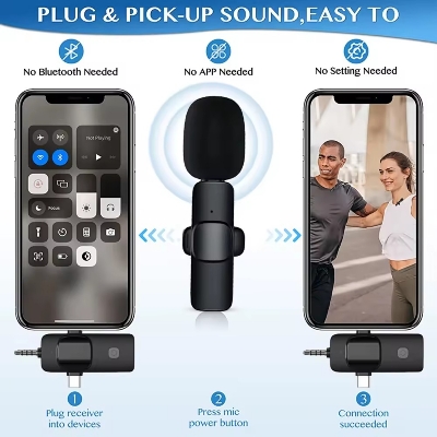 Picture of K15 Wireless Microphone. 3 in 1 Lavalier Collar Microphone for Type C, iPhone, 3.5mm Multi Device Video Broadcast Noise Reduction Mini Lapel Microphones