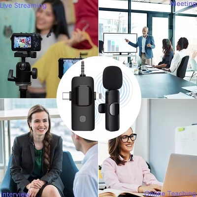 Picture of K15 Wireless Microphone. 3 in 1 Lavalier Collar Microphone for Type C, iPhone, 3.5mm Multi Device Video Broadcast Noise Reduction Mini Lapel Microphones