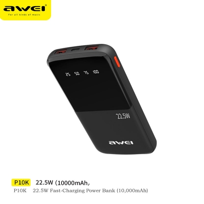 Picture of Awei P10K 10000mAh PD Fast Charging Powerbank 22.5W Super Slim, LED Digital Display Power Bank