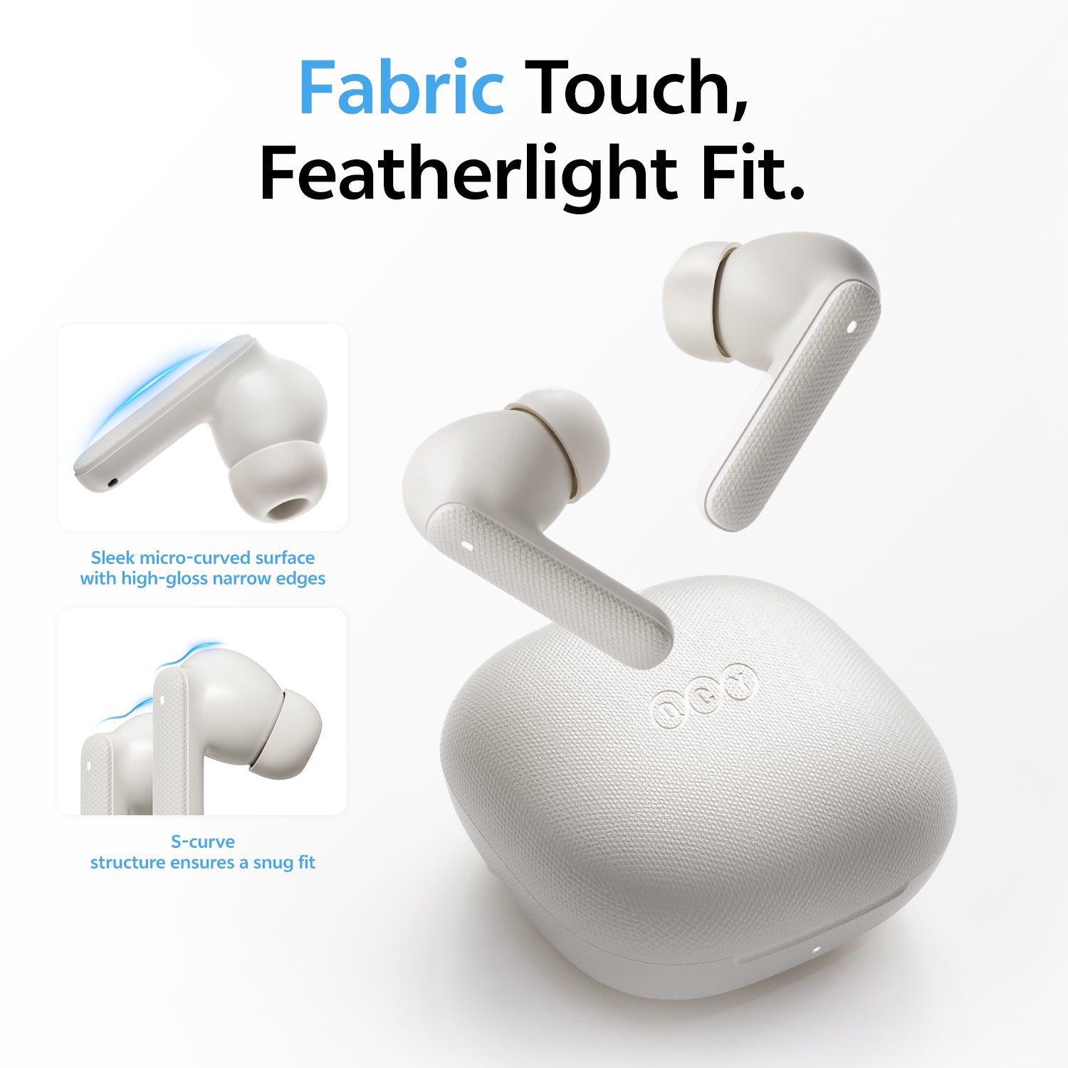 Picture of QCY Buds QT43 True Wireless Earbuds. Fabric Texture and Super Light weight Ergonomic Design Earbuds with Al Noise Reduction for Call