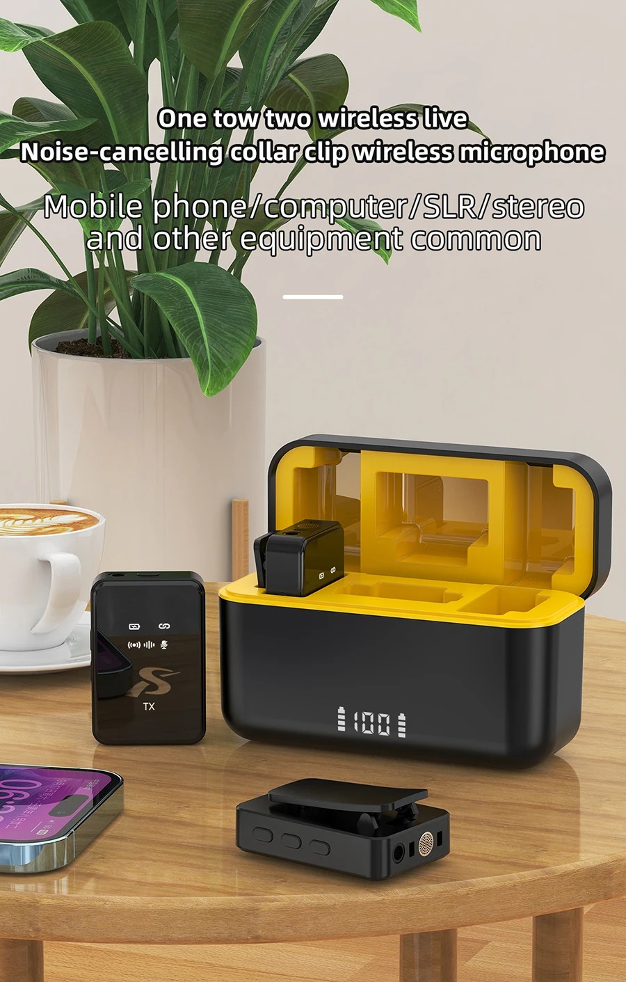 Picture of SX12 Wireless Lavalier Microphone with Charging Case, Noise Cancelling, Long Battery Life, LED Display, Lapel Microphone for iPhone, Android, Camera All in One Microphone