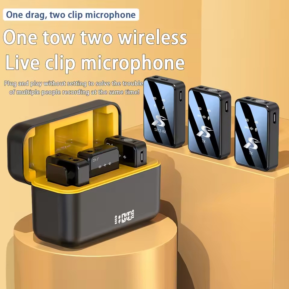 Picture of SX12 Wireless Lavalier Microphone with Charging Case, Noise Cancelling, Long Battery Life, LED Display, Lapel Microphone for iPhone, Android, Camera All in One Microphone