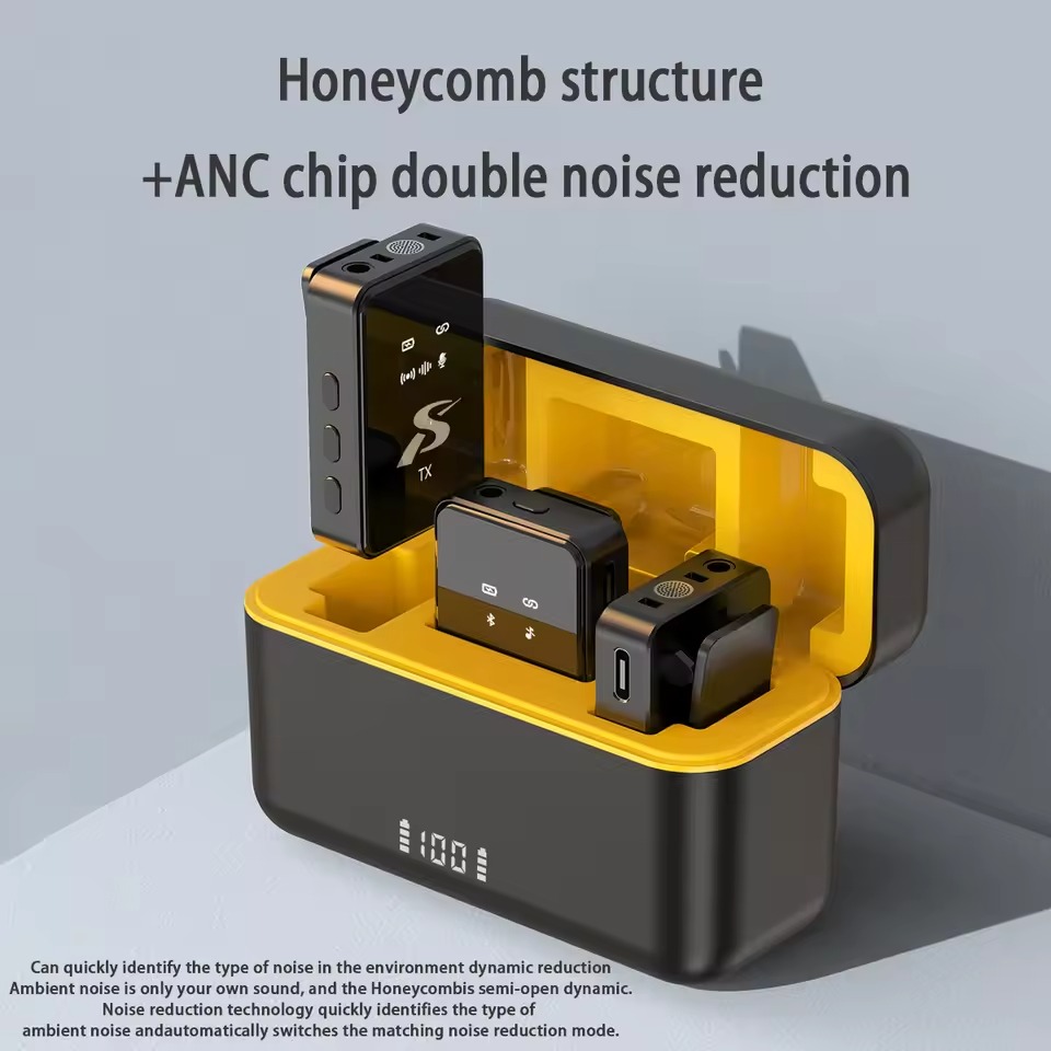 Picture of SX12 Wireless Lavalier Microphone with Charging Case, Noise Cancelling, Long Battery Life, LED Display, Lapel Microphone for iPhone, Android, Camera All in One Microphone