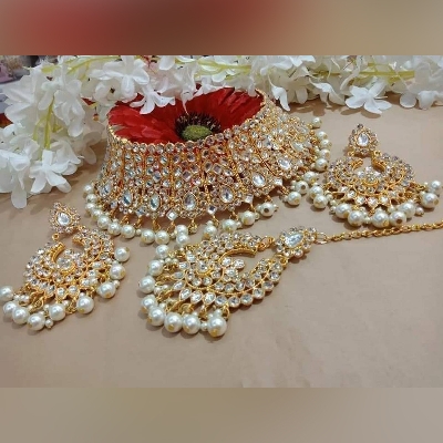 Picture of Beautyful Choker Nacklace For Women  Western neck wear choker Traditional Fashion Wedding/Party Bridal Choker Necklace Earrings & Tikli Jewellery Set