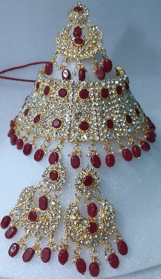 Picture of Bridal Traditional Wedding Ornament / Exclusive Fashion Party Choker Necklace Earrings & Tikli Jewellery Set For Women