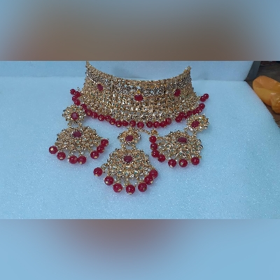 Picture of Beautiful Choker Necklace ,Traditional Fashion Wedding/Party Bridal Choker Necklace Earrings & Tikli. Jewellery Set For Women.