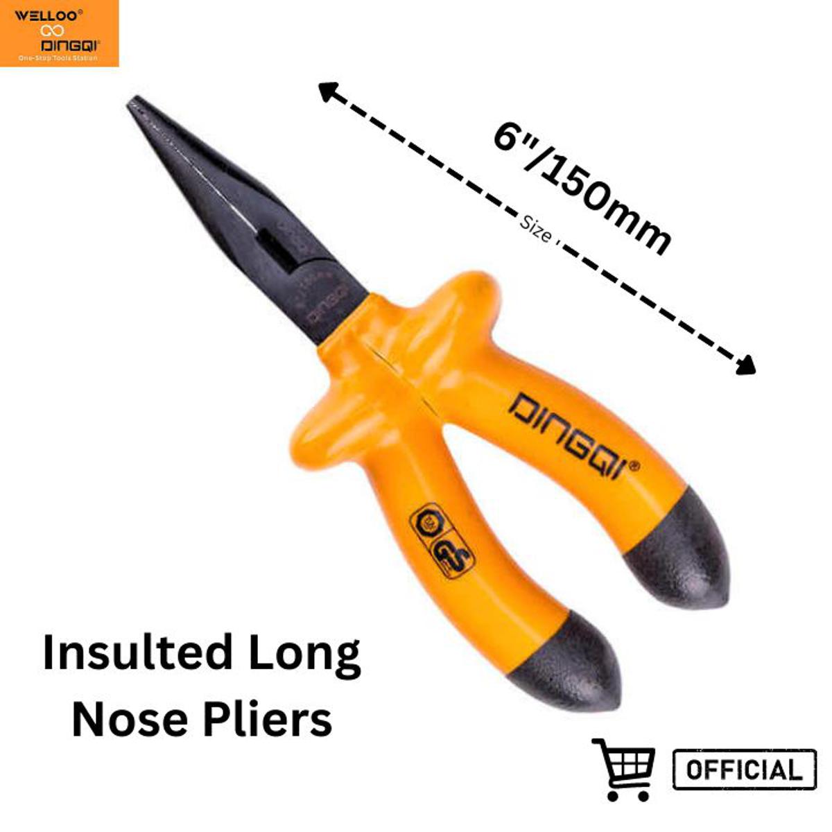 Picture of DingQi Insulted Long Nose Pliers with Soft Grip Handle, Voltage Clamp Nose Pliers(6Inch)