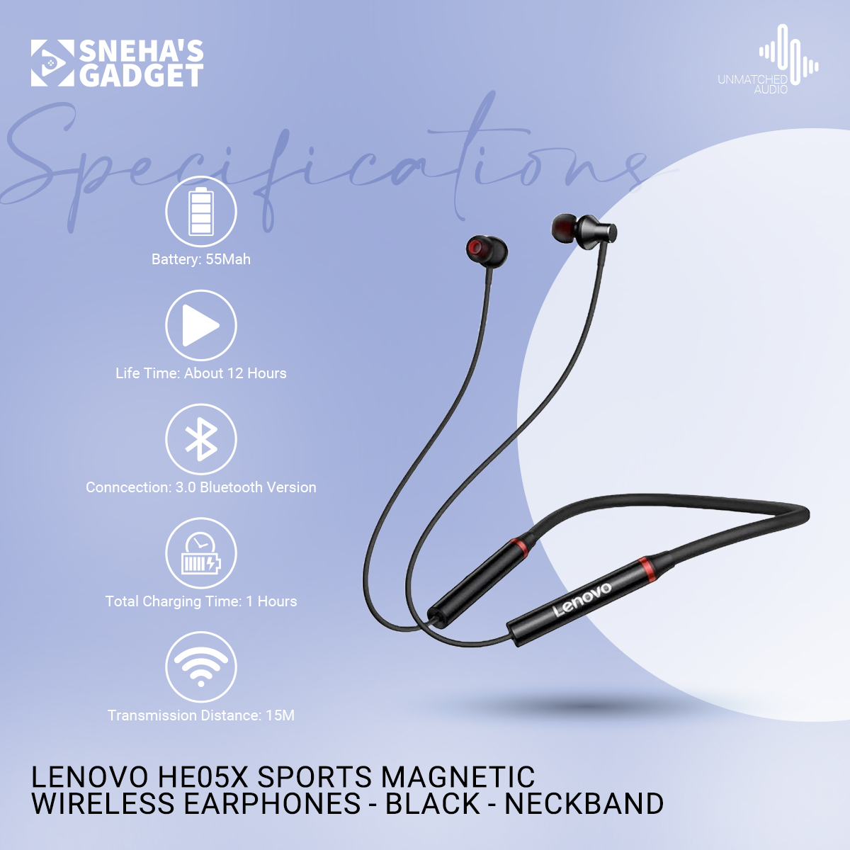 Picture of Lenovo He05X Sports Magnetic Wireless Earphones - Black - Neckband