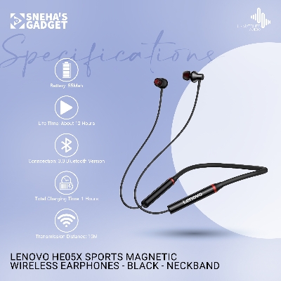 Picture of Lenovo He05X Sports Magnetic Wireless Earphones - Black - Neckband