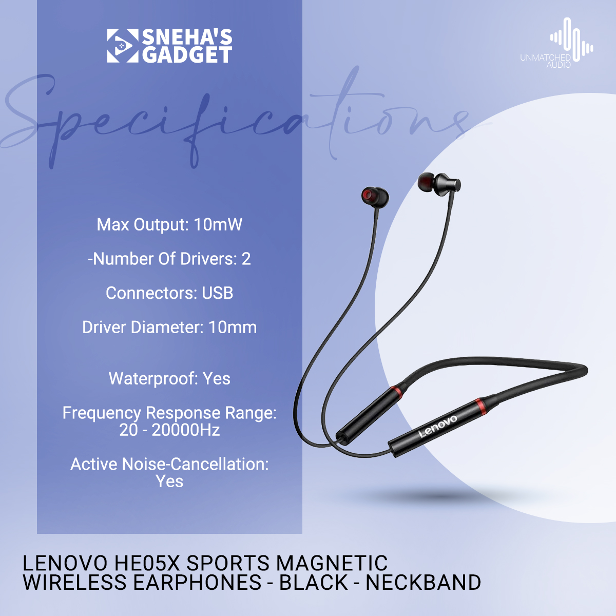 Picture of Lenovo He05X Sports Magnetic Wireless Earphones - Black - Neckband