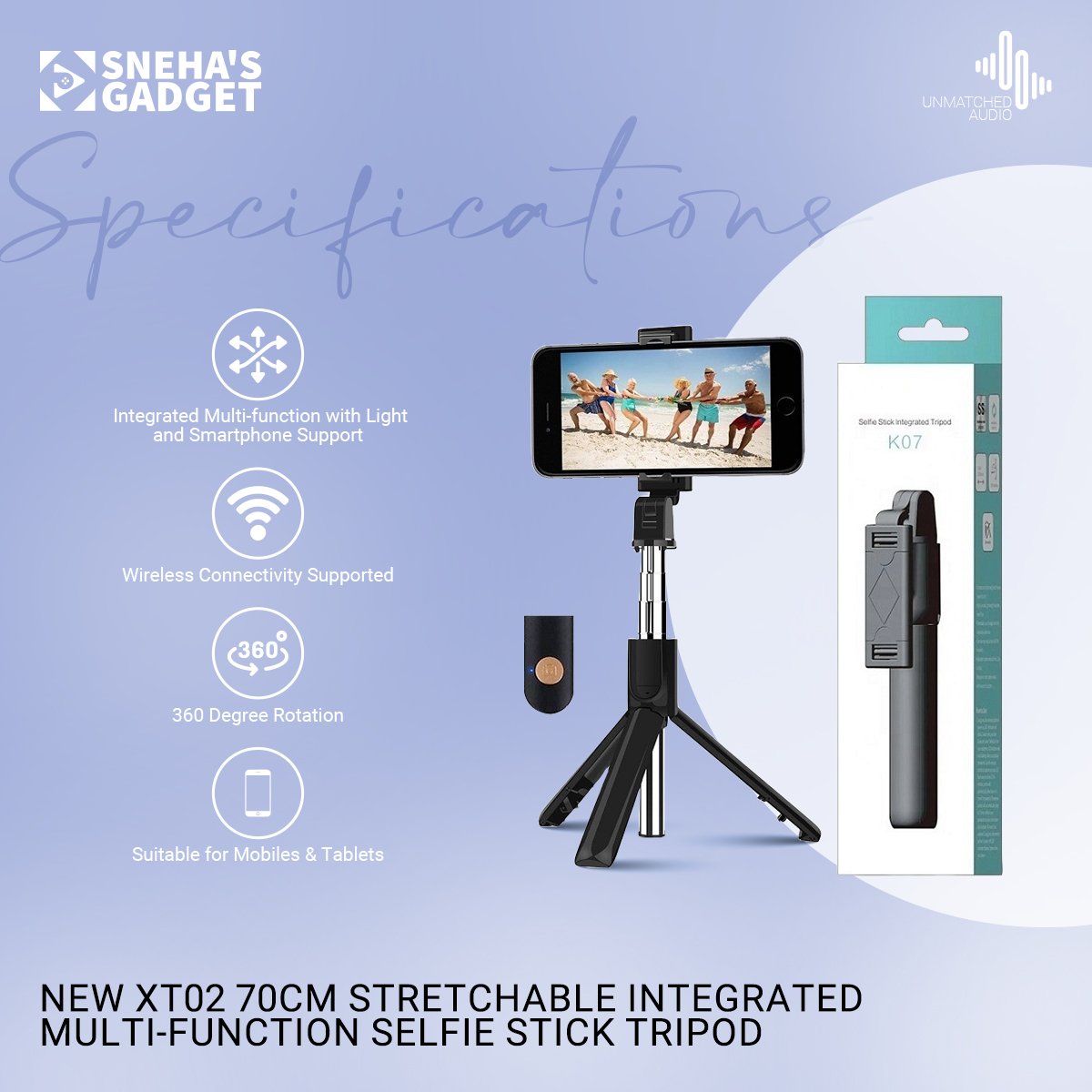 Picture of New XT02 70cm Stretchable Integrated Multi-function Selfie Stick Tripod Light Smartphone Support Mobile Phone Stand 360 Degree