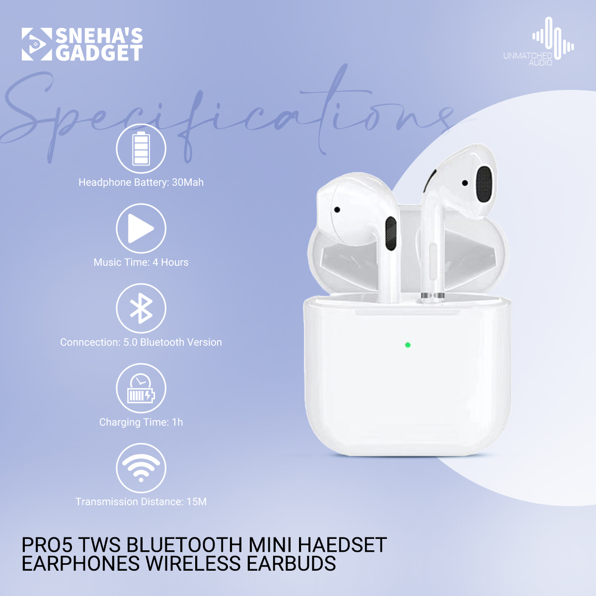 Picture of PRO5 TWS Bluetooth Mini Earphones Wireless Stereo Headset In-Ear Hands Free Call 4x8mm