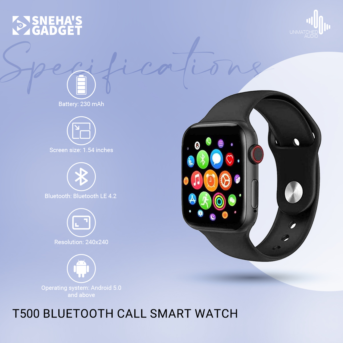 Picture of T500 Bluetooth Call Smart Watch Heart Rate Monitor Iwo 8 Lite for Android Phones, 1.54 inch IPS Display, Fitness Tracker, Multiple Sport Modes, Sleep Monitoring, Message and Call Notifications, IP67 Waterproof