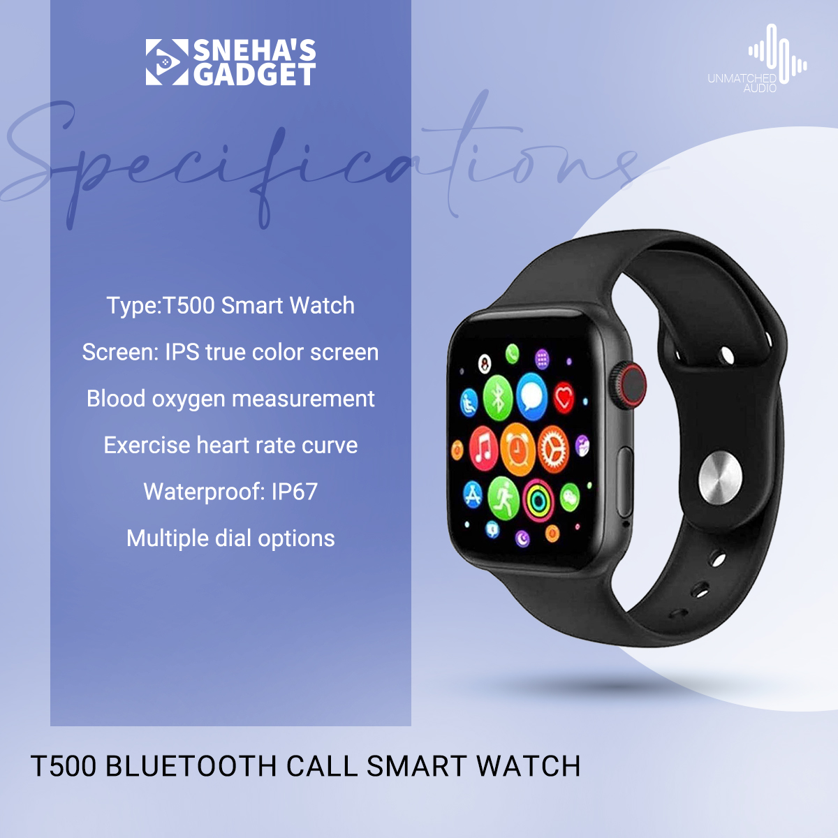Picture of T500 Bluetooth Call Smart Watch Heart Rate Monitor Iwo 8 Lite for Android Phones, 1.54 inch IPS Display, Fitness Tracker, Multiple Sport Modes, Sleep Monitoring, Message and Call Notifications, IP67 Waterproof