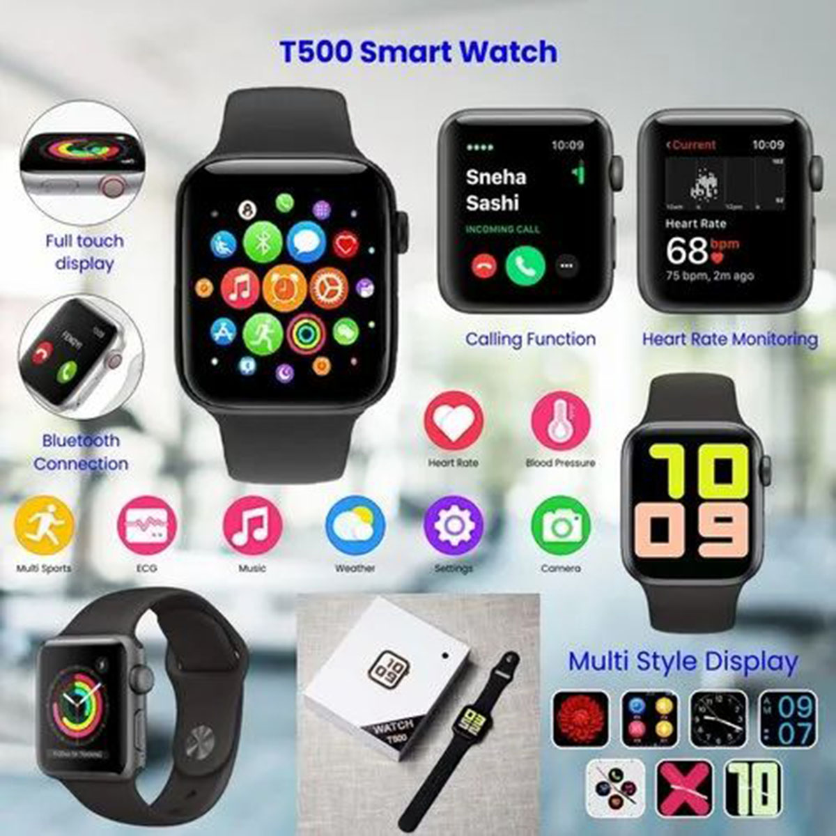 Picture of T500 Bluetooth Call Smart Watch Heart Rate Monitor Iwo 8 Lite for Android Phones, 1.54 inch IPS Display, Fitness Tracker, Multiple Sport Modes, Sleep Monitoring, Message and Call Notifications, IP67 Waterproof
