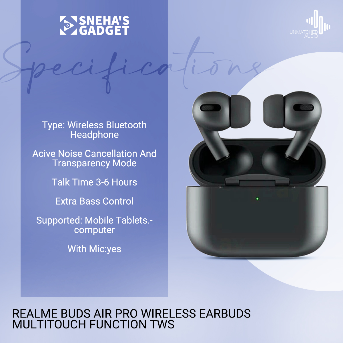 Picture of (Realme) Buds Air Pro Wireless Earbuds Multitouch Function TWS Wireless Mini Air Buds Bluetooth 5.0 Earphones