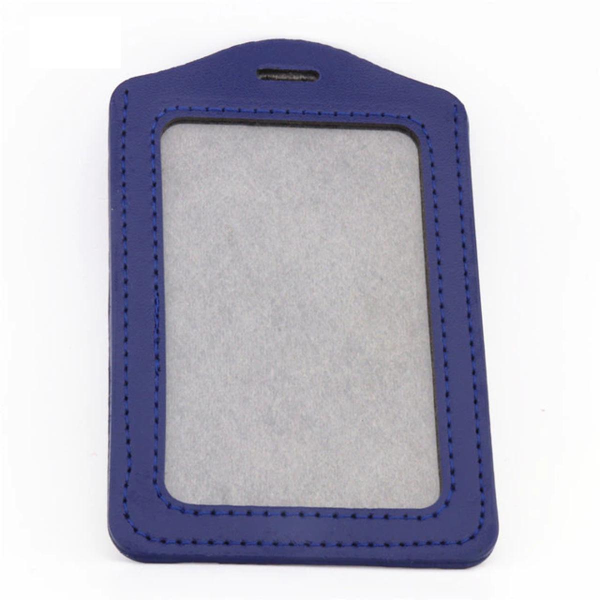 Picture of ID PU Leather Card Holders Vertical Style Badge Case Clear with Blue Color Border and Lanyard Holes School Stationery