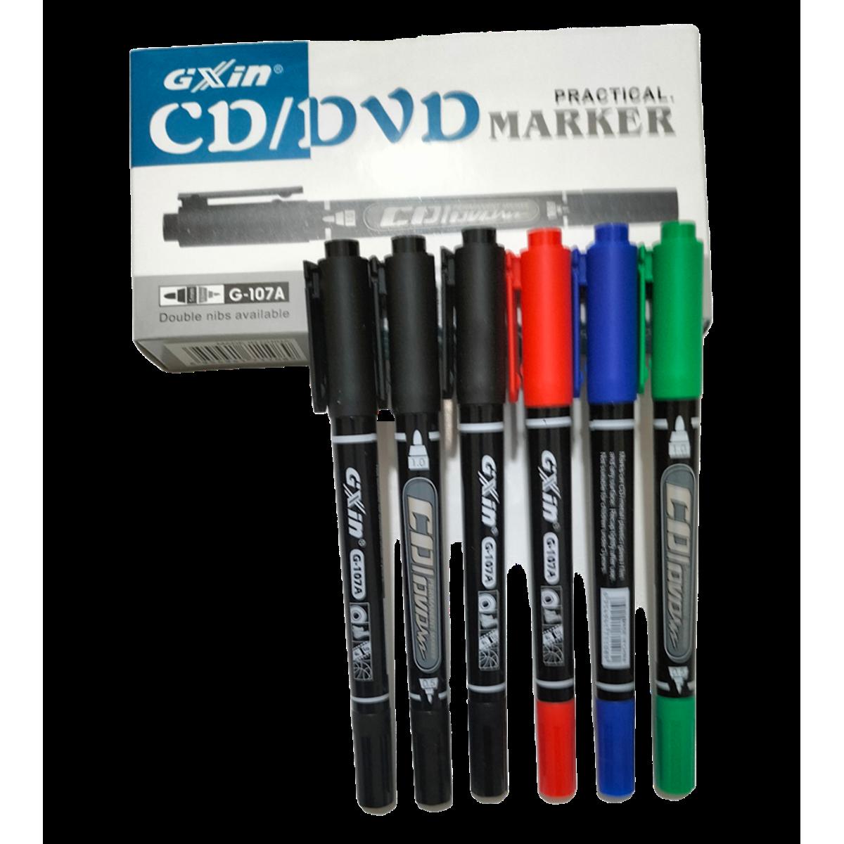 Picture of GXin G-107A CD/DVD Waterproof Permanent Marker Pen set with Clip, Black, Red, Blue, Green, Pack of 6