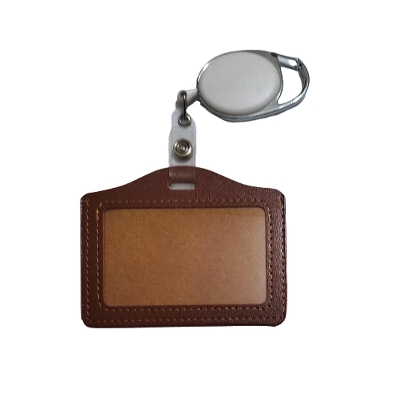Picture of Leather Horizontal ID Card Holder, Brown with Badge Reel, White
