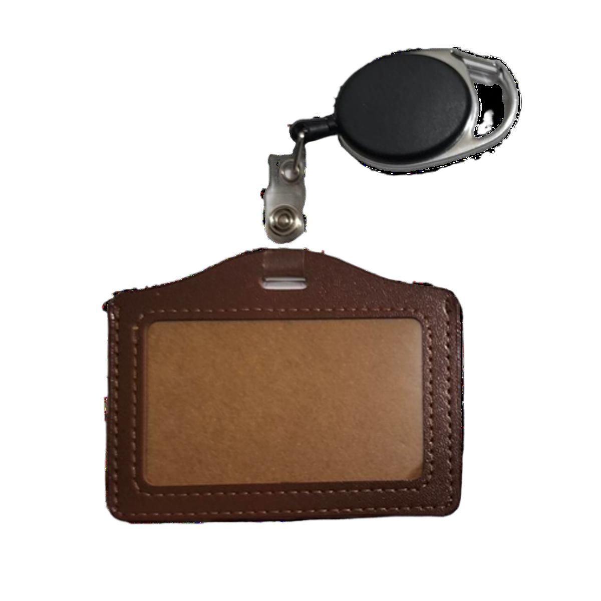Picture of Leather Horizontal ID Card Holder, Brown with Badge Reel, Black