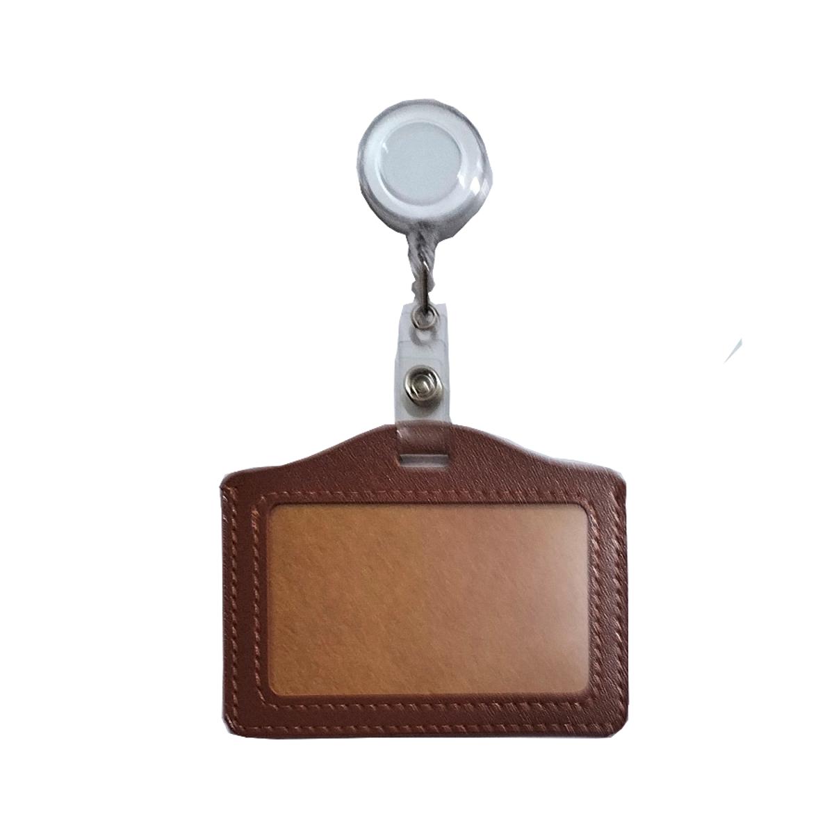 Picture of Leather Horizontal ID Card Holder, Brown with Retractable Badge Reel, White