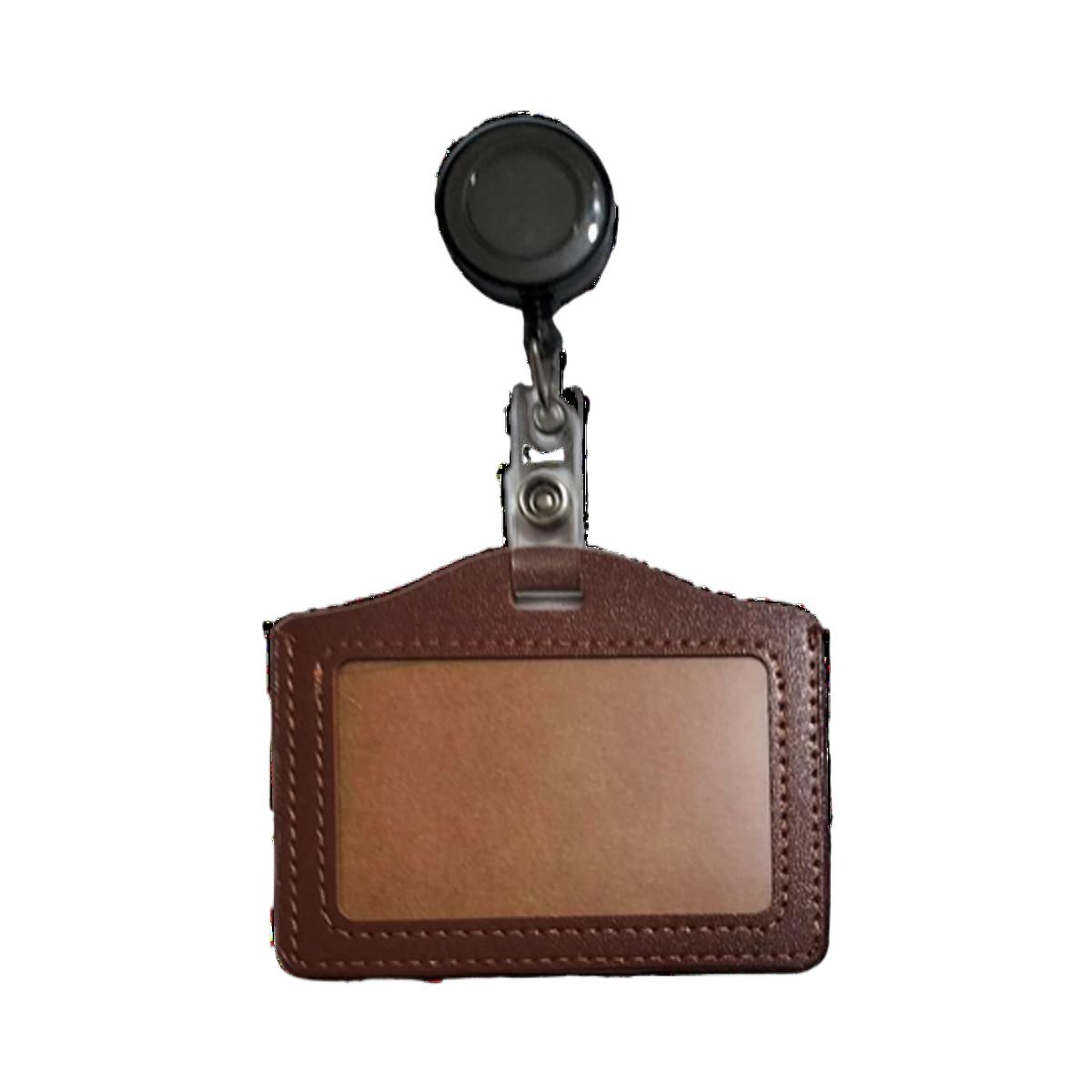 Picture of Leather Horizontal ID Card Holder, Brown with Retractable Badge Reel, Black