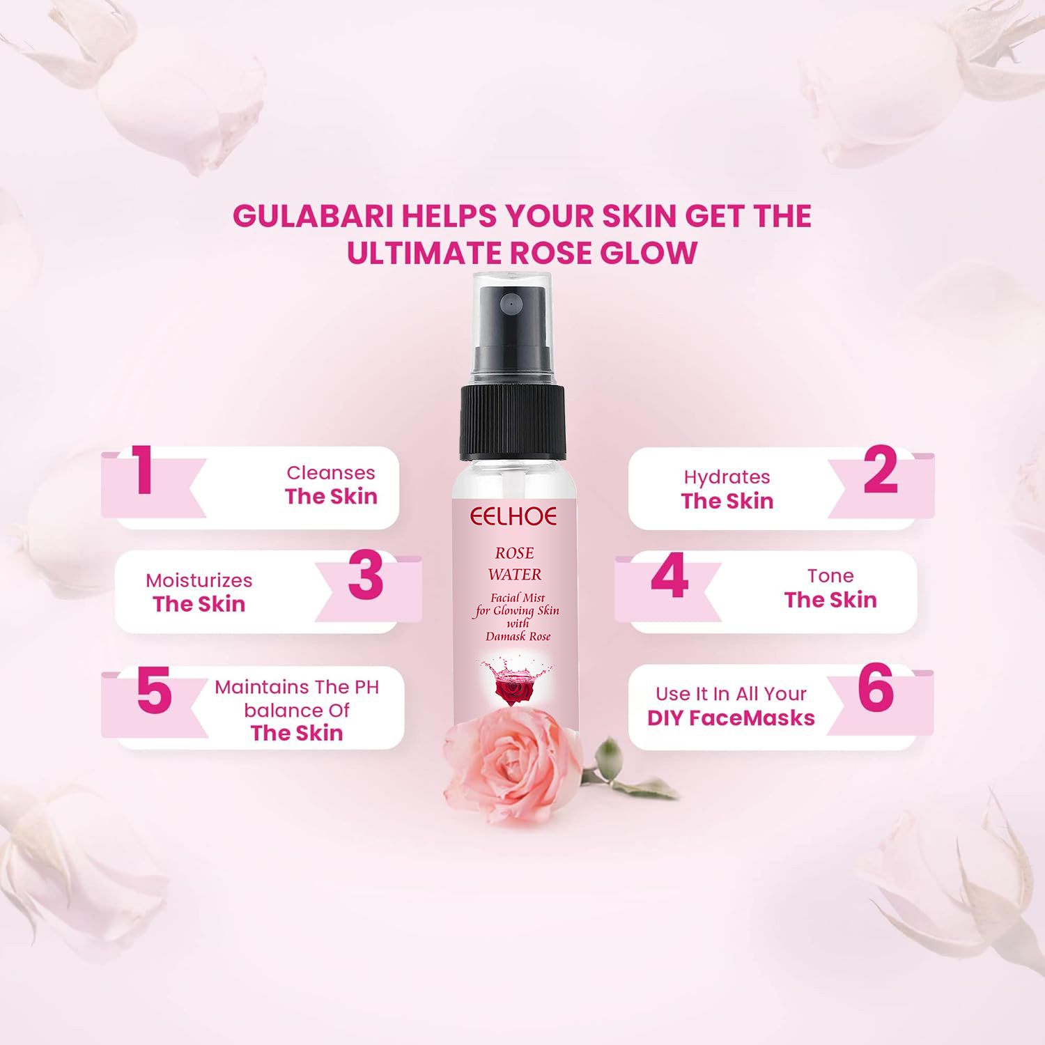 Picture of EELHOE ROSE WATER TONER by EELHOE Glycerin Hydrating Facial Mist - Dry Combination Skin Care 100% Organic Natural Moroccan Rosewater (Chemical Free)