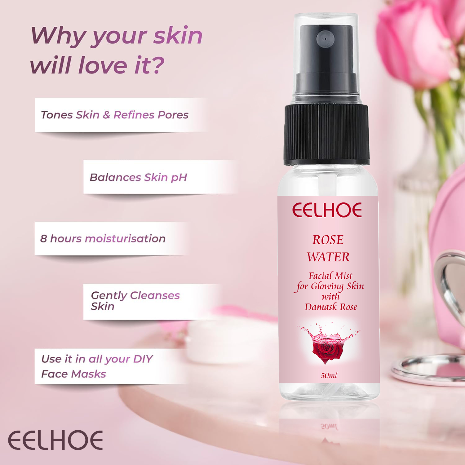 Picture of EELHOE ROSE WATER TONER by EELHOE Glycerin Hydrating Facial Mist - Dry Combination Skin Care 100% Organic Natural Moroccan Rosewater (Chemical Free)