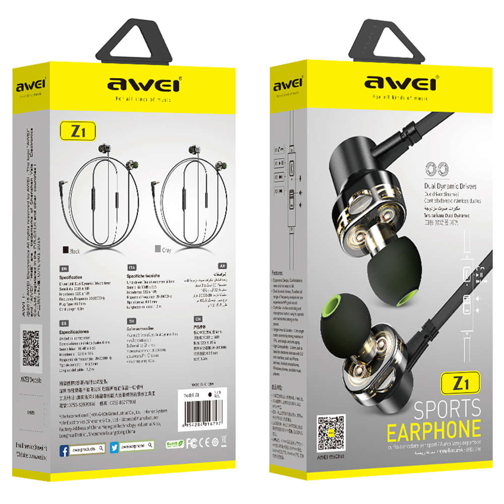 Picture of Awei Z1 Dual Driver 3.5mm Wired Sports Earphone Sport Bass Sound Earphones With Mic