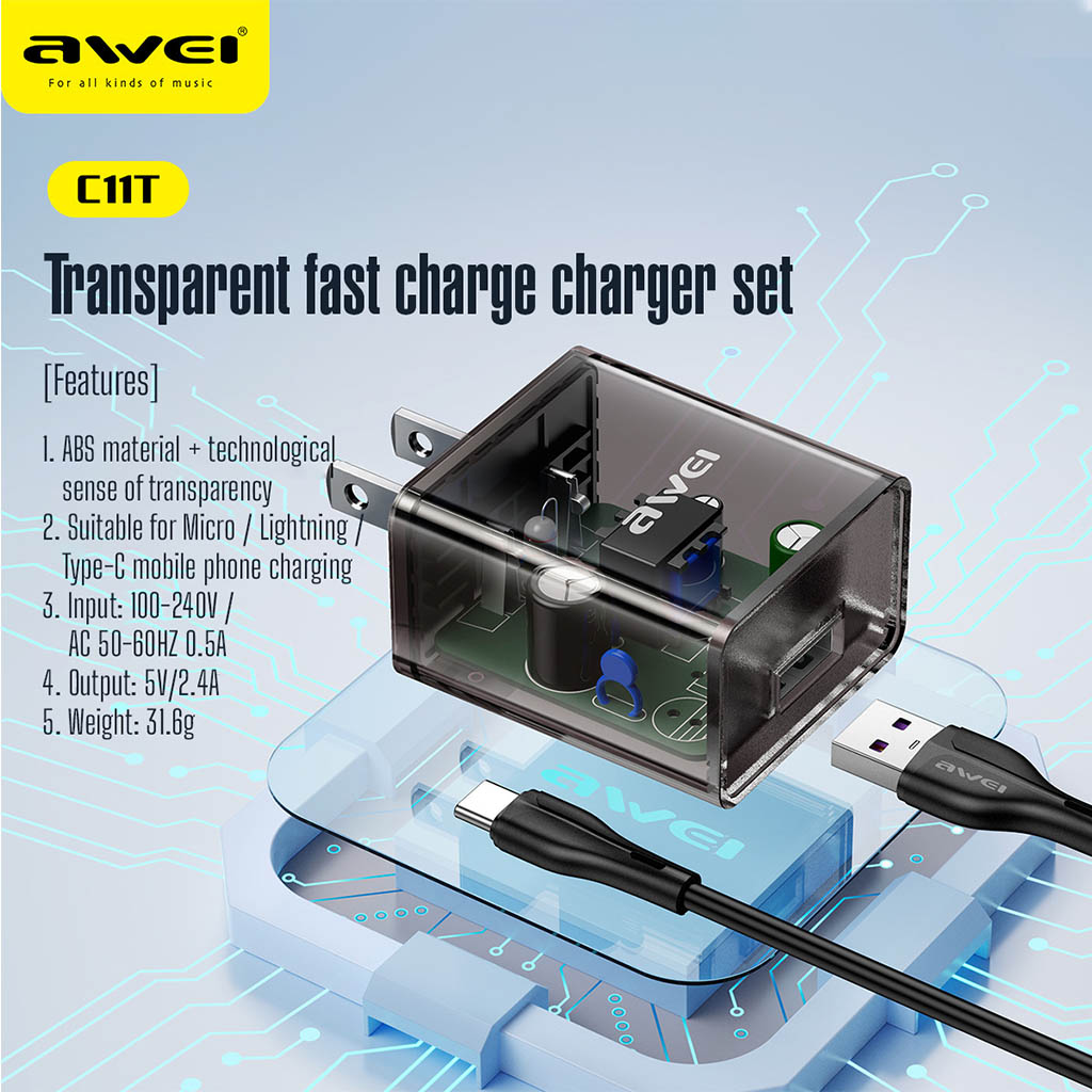 Picture of Awei C11T Fast Charging Type-C Adapter Transparent Wall Charger with 1M Type-C Data Transfer Cable