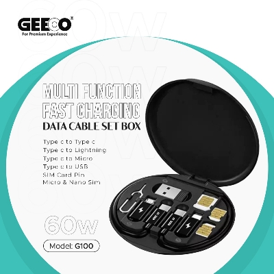 Picture of GEEOO G100 Multi Function Fast Charging Data Cable Kit With Type-C to Micro, Type-C to Lightning, Type-C to USB Converter, SIM Card Pin, Micro & Nano SIM Slot