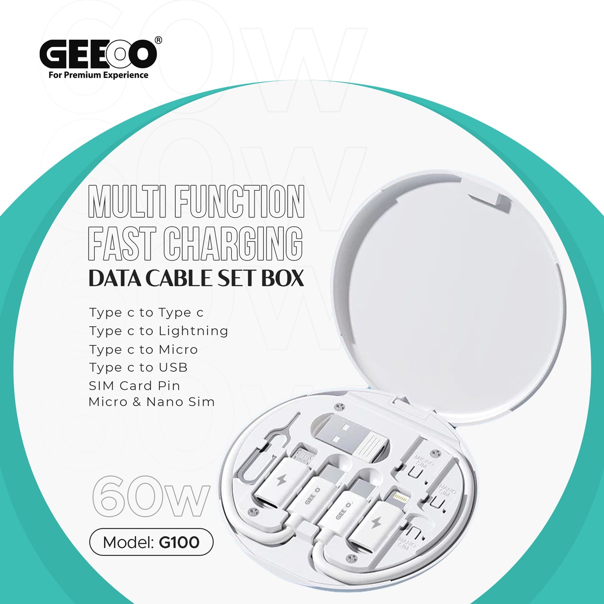 Picture of GEEOO G100 Multi Function Fast Charging Data Cable Kit With Type-C to Micro, Type-C to Lightning, Type-C to USB Converter, SIM Card Pin, Micro & Nano SIM Slot