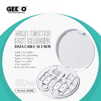 Picture of GEEOO G100 Multi Function Fast Charging Data Cable Kit With Type-C to Micro, Type-C to Lightning, Type-C to USB Converter, SIM Card Pin, Micro & Nano SIM Slot