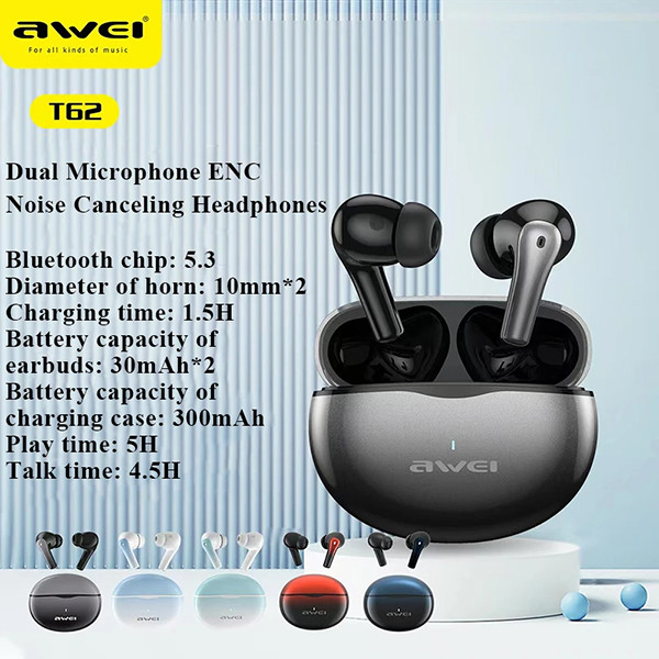 Picture of AWEI T62 TWS Bluetooth 5.3 ENC Noise Cancellation Earbuds