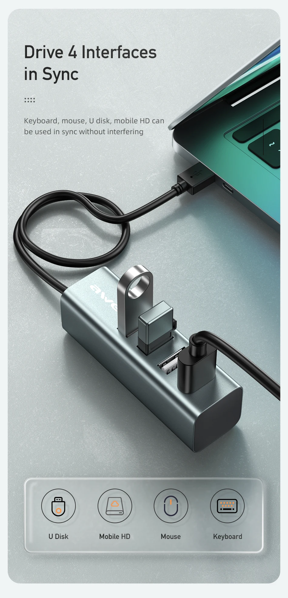 Picture of Awei CL-122T Type-C Extender USB HUB 2.0 Docking Station 4 Ports