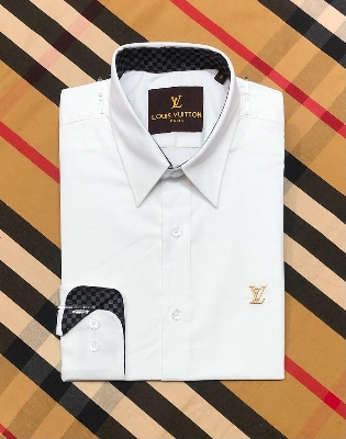Picture of LV Solid Shirt 22 White Cane collar golden logo