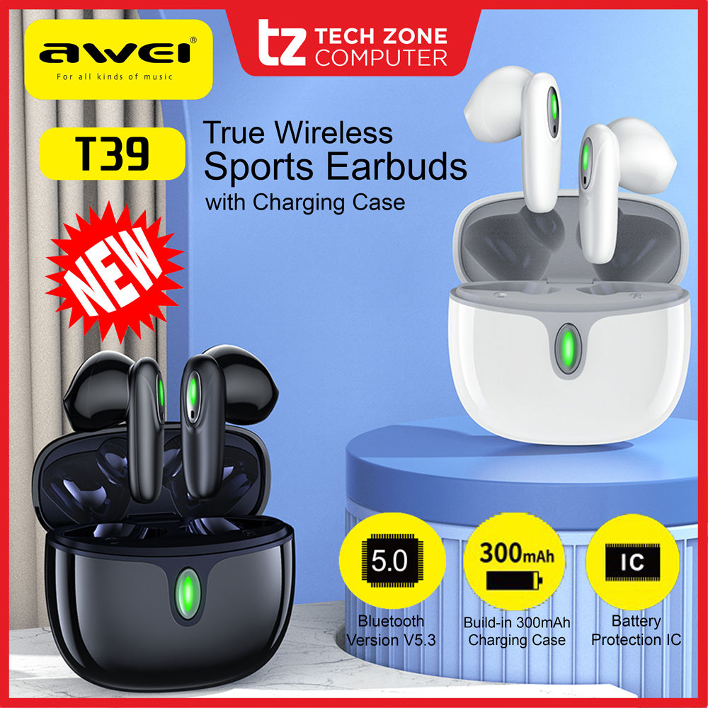 Picture of AWEI T39 TWS bluetooth 5.3 Earphone HiFi Stereo 300mAh Battery Touch Control Mini Semi-in-ear Sports Headphone with Mic (Best Quality)