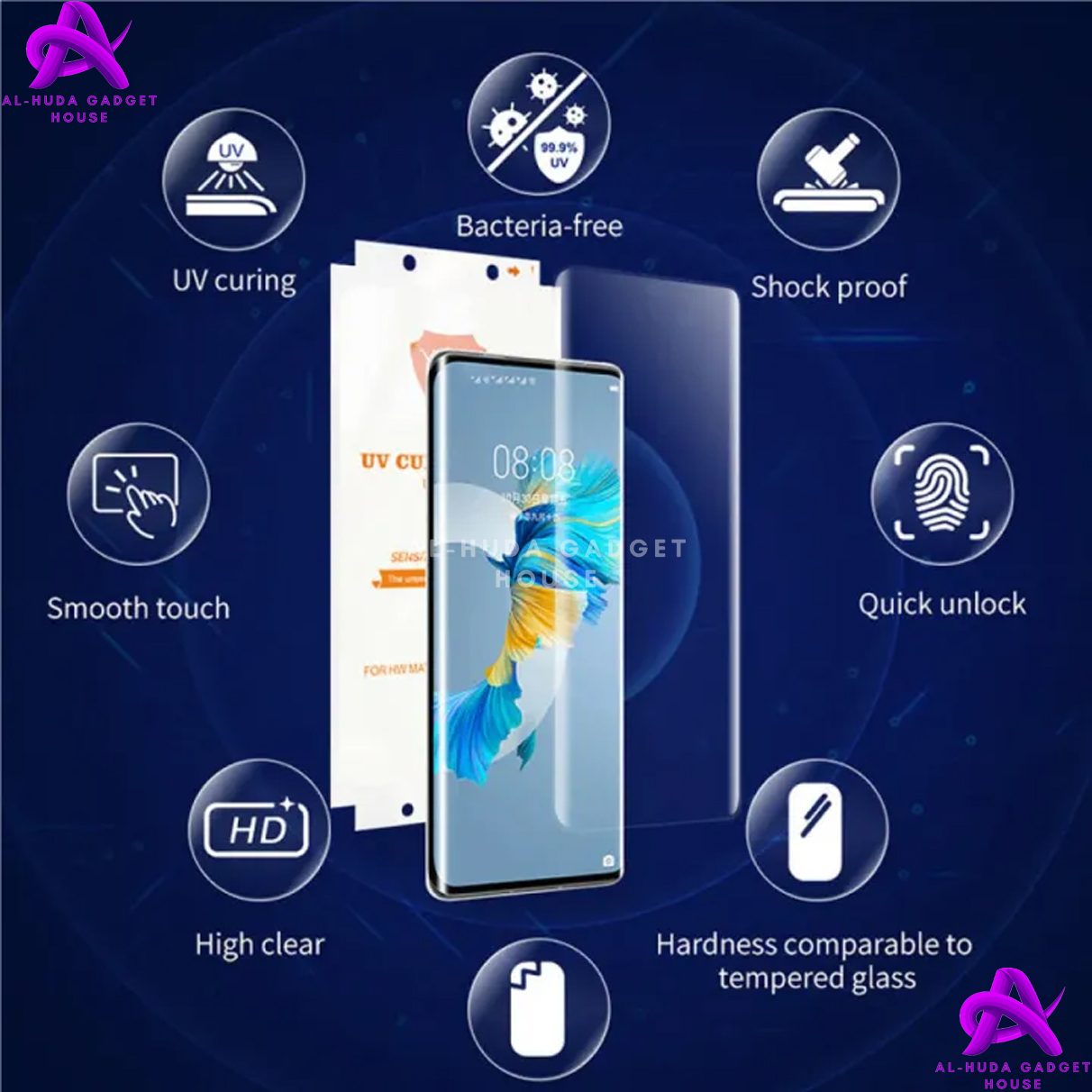 Picture of Premium UV Tempered Glass For Honor 200 Pro 5G Screen Protector Curved with Liquid Glue and UV Light -Transparent Clear