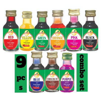 Picture of Afram  Organic Food Colour Combo Set of Orange + Chocolate + Blue + Red + Yellow + Green + Pink +  black + purple- 28 ml x 9 pieces