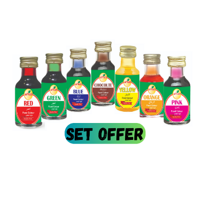 Picture of Afram Organic Food Colour Combo Set of Orange + Chocolate + Blue + Red + Yellow + Green + Pink - 28 ml x 7 pieces
